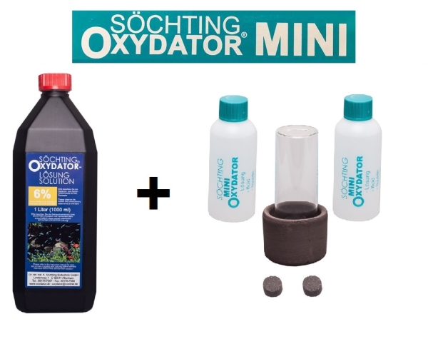 Söchting Mini Oxydator für Aquarien bis 60 L + 1 Liter 6% Lösung und 2x 82,5 ml mit 4,9%