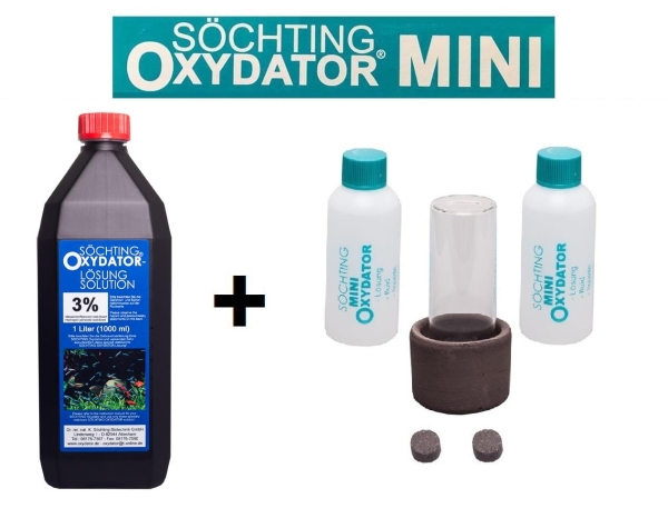 Söchting Mini Oxydator für Aquarien bis 60 L + 1 Liter 3% Lösung und 2x 82,5 ml mit 4,9%